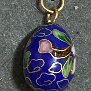 Blue Cloisonné Floral Egg Pendant Necklace